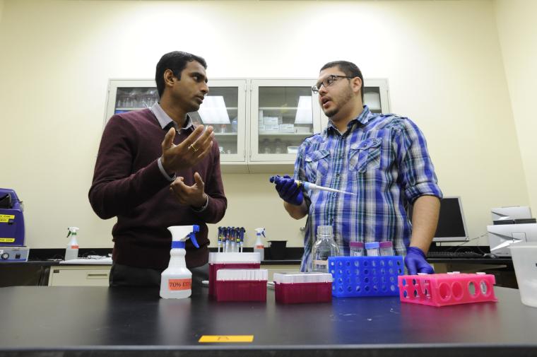 Assistant Professor Prashanth Asuri with Jeffrey Kunkel in a bioengineering laboratory image link to story