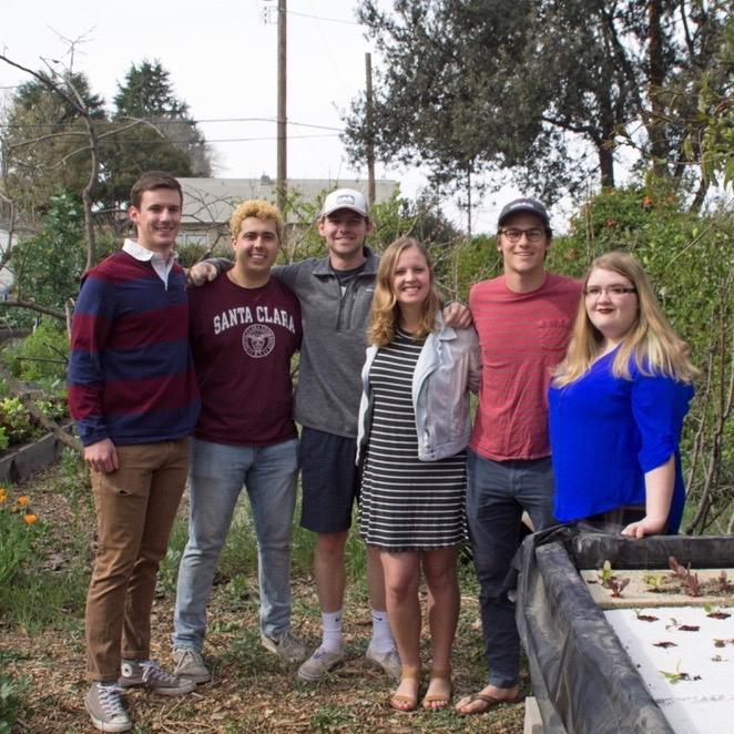 Pre-social distancing, teammates in SCU’s Forge Garden with their hydroponic system. From left: Andrew Feldmeth, Alex Estrada, Carson Edgerton, Claire Pavelka, Andrew Jezak, Katya Fairchok image link to story
