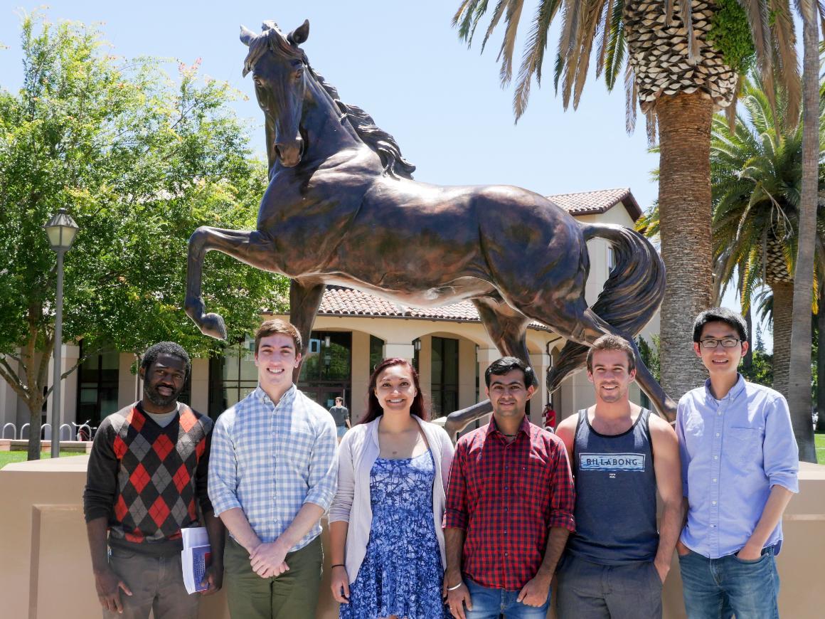 Pak’s theoretical fluid mechanics group at SCU (L-R): Dr. Herve Nganguia (postdoc researcher; now Asst. Prof. at Indiana U of PA), Grant Mishler (BS ’18, now MS student at SCU), Dayna Obenauf (BS ’17; now PhD student at Purdue), Sagar Bhatia (MS ’17; now Intern at SunMan Engineering), Kyle Pietrzyk (BS ’16, MS’ 18; now PhD student at Stanford)