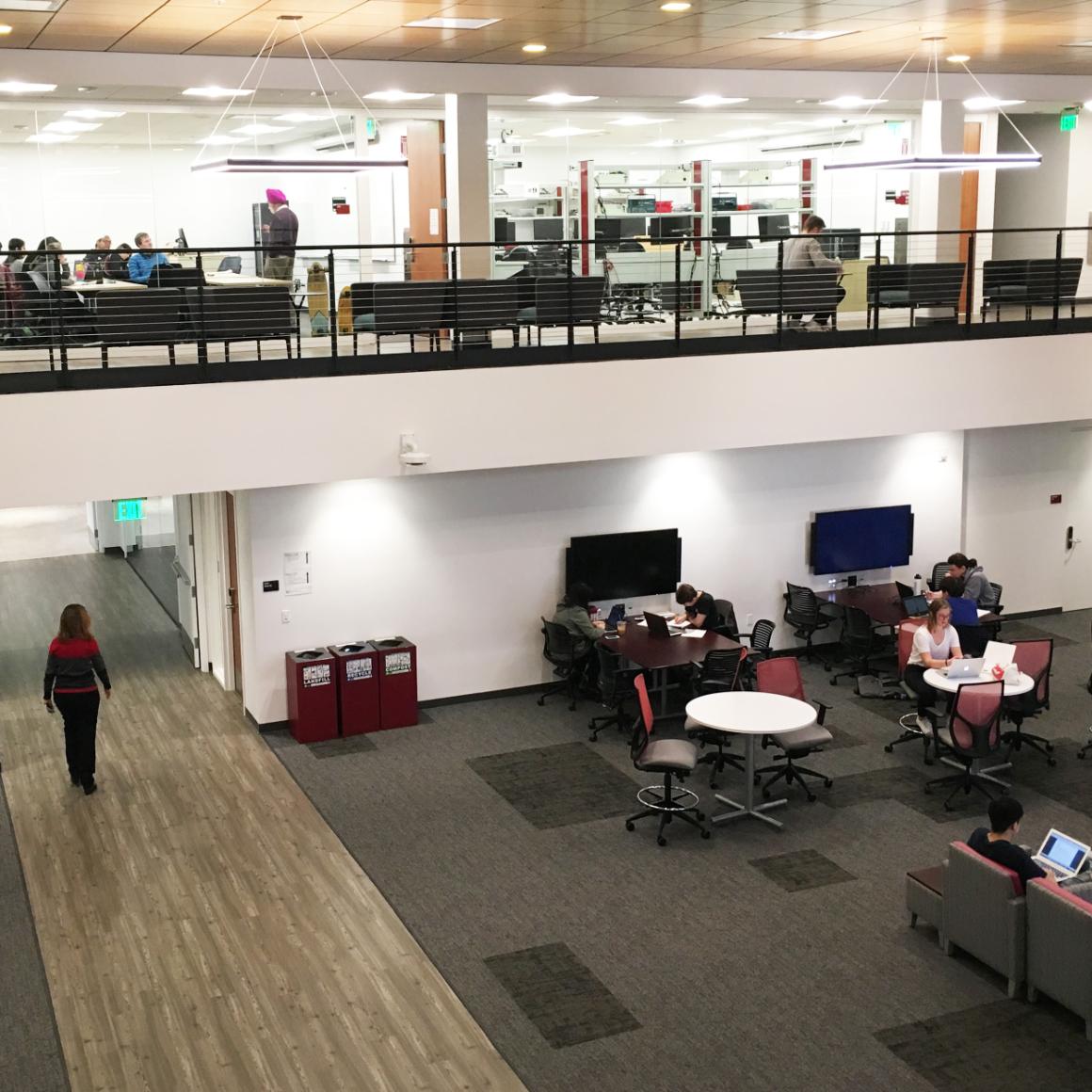 Classroom, lab, study, and collaboration space coexist nicely in Engineering's new digs. image link to story
