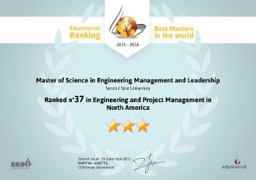 A diploma showing SCU's Engineering Management and Leaderships ranking as #37 by Eduniversal. image link to story