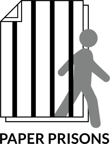 Figure behind bars with text Paper Prisons below.
