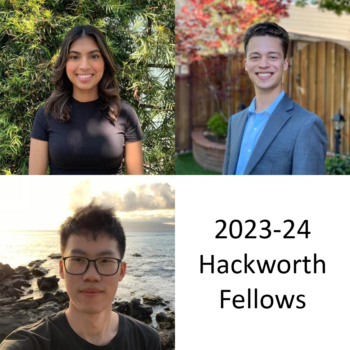 A photo grid of three of the 2023-2024 Hackworth Fellows Engineering Students