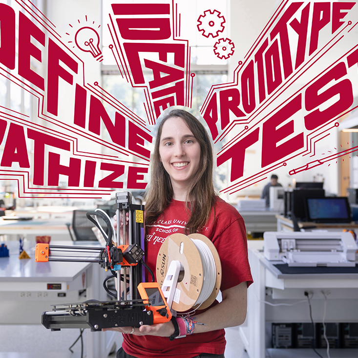 A photo of Kira Hofelmann a Mechanical Engineering Student Photo by Jim Gensheimer, graphic and illustration by Tu Tran
