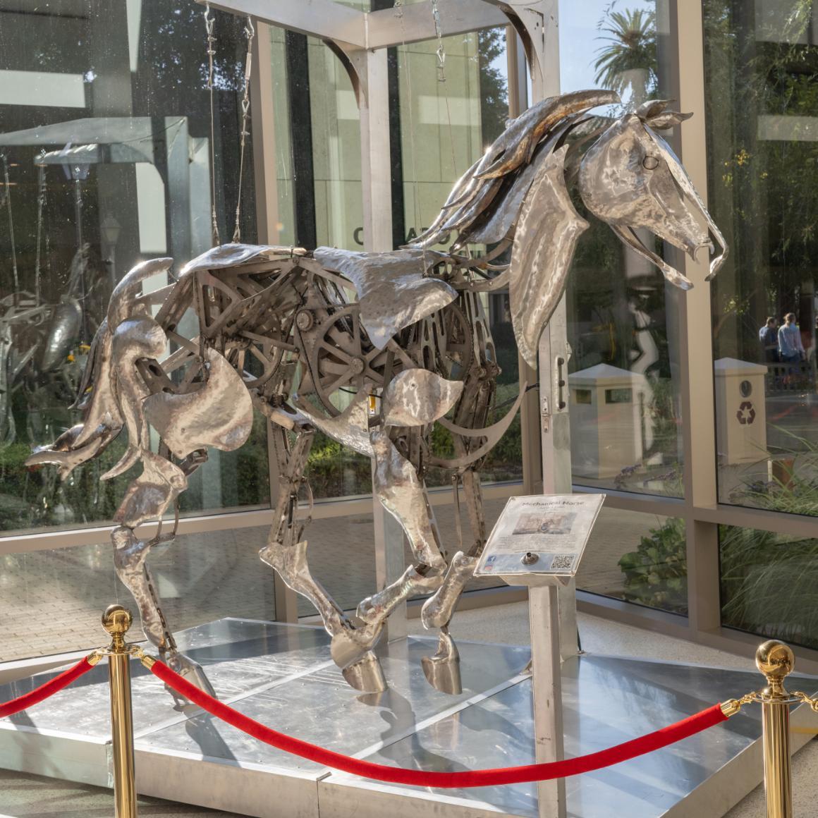 A photo of the Mechanical Horse Displayed in the SCU STEM building image link to story