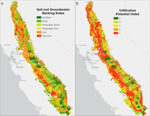 (A) Soil and Groundwater Banking Index (B) Central Valley Infiltration Potential Index 