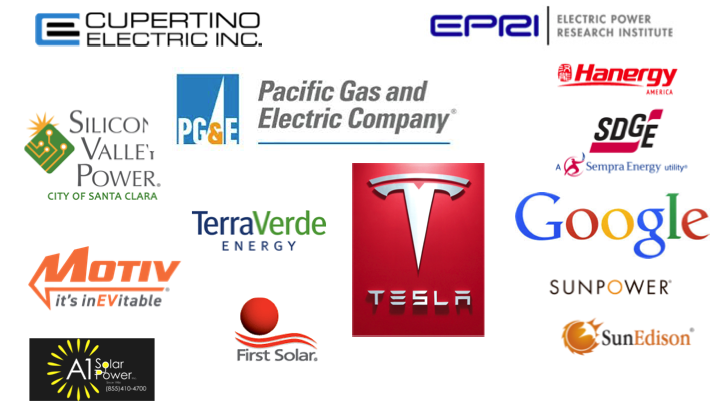 Logos of the following companies: Cupertino Electric Inc., Electrical Power Research Institute, Pacific Gas and Electric Company, Silicon Valley of Power, Hangery, SDGE, Terra Verda Energy, Motiv, Tesla, Google, Sunpower, SunEdison, First Solar, A1 Solar Power
