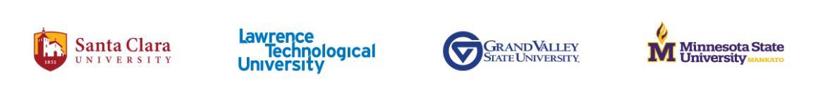 Logos for SCU, LTU, GVSU, and MNSU