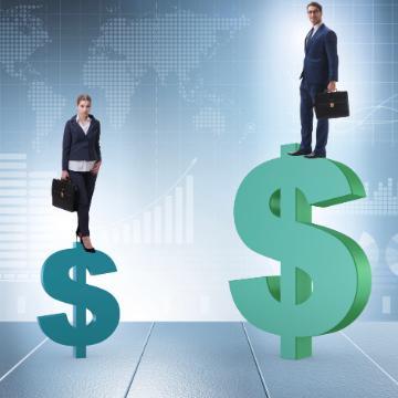 Businesswoman standing on top of small dollar sign next to businessman standing on larger dollar sign image link to story