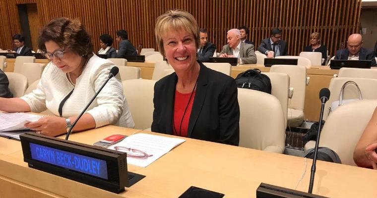 Caryn Beck-Dudley speaking at the UN May 2017 image link to story