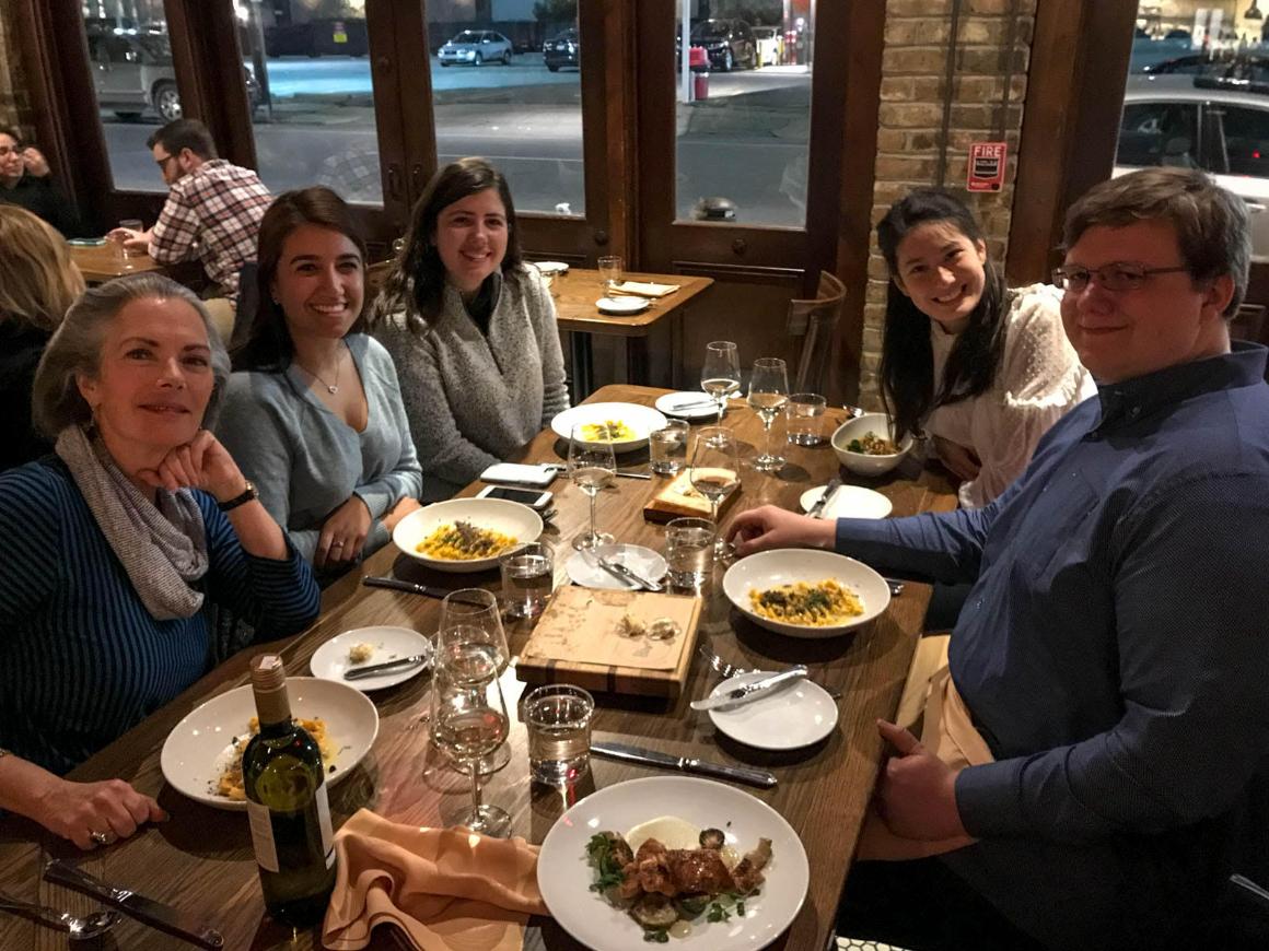 Department Chair Nancy Unger (far left) enjoys some New Orleans cuisine with the student scholars.