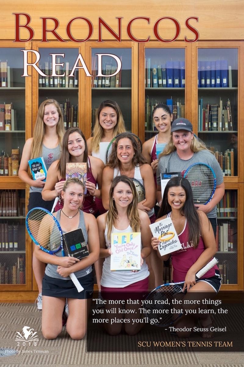 Tennis team members holding books and rackets
