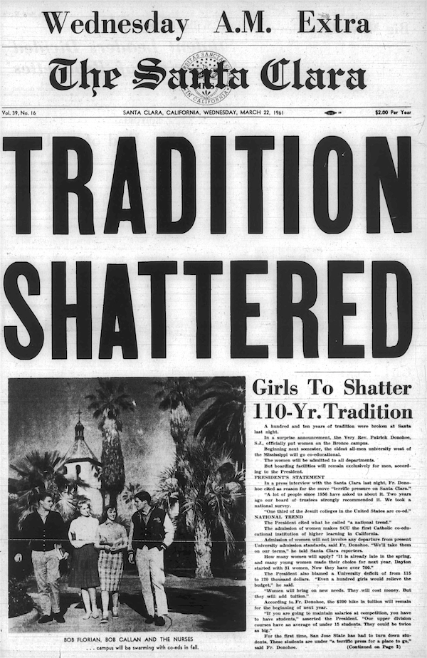 The Santa Clara's front page announcing that the university would admit women for the first time