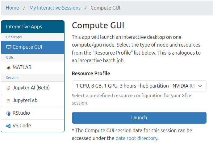 A picture of the Open OnDemand interactive session layout, with compute GUI selected.